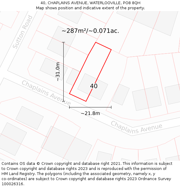 40, CHAPLAINS AVENUE, WATERLOOVILLE, PO8 8QH: Plot and title map