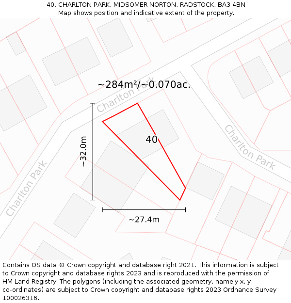 40, CHARLTON PARK, MIDSOMER NORTON, RADSTOCK, BA3 4BN: Plot and title map