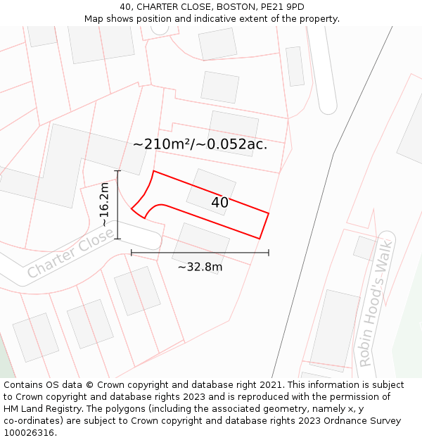 40, CHARTER CLOSE, BOSTON, PE21 9PD: Plot and title map