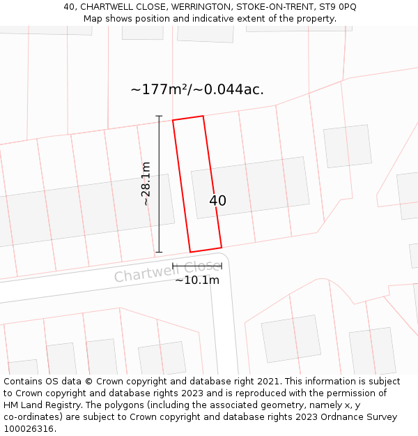 40, CHARTWELL CLOSE, WERRINGTON, STOKE-ON-TRENT, ST9 0PQ: Plot and title map