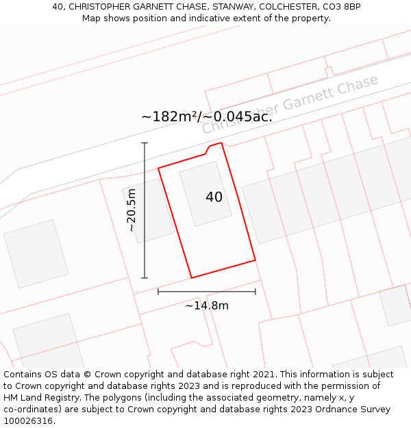 40, CHRISTOPHER GARNETT CHASE, STANWAY, COLCHESTER, CO3 8BP: Plot and title map