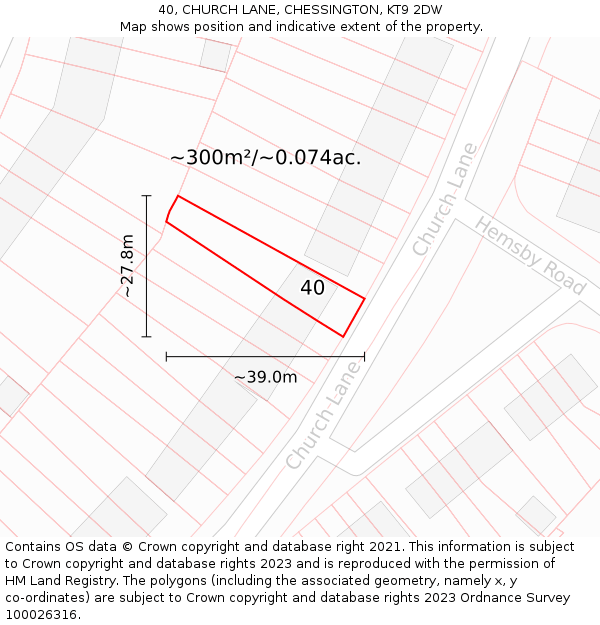 40, CHURCH LANE, CHESSINGTON, KT9 2DW: Plot and title map