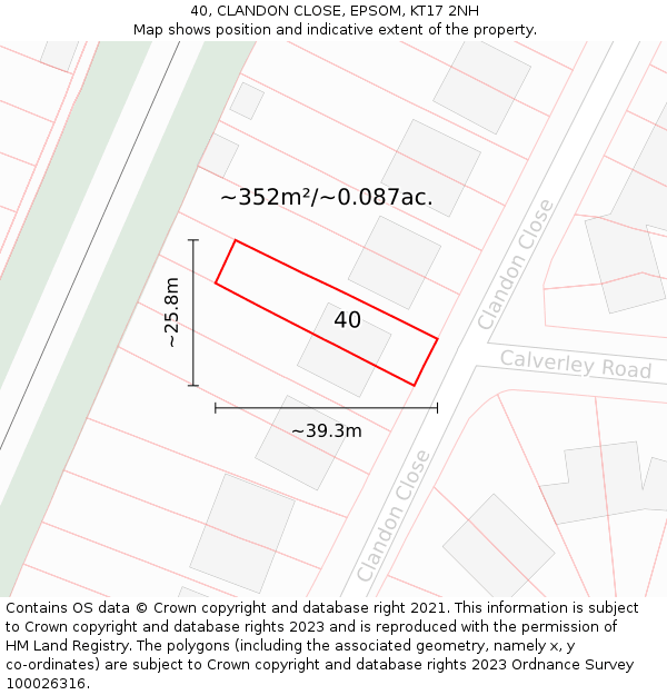 40, CLANDON CLOSE, EPSOM, KT17 2NH: Plot and title map