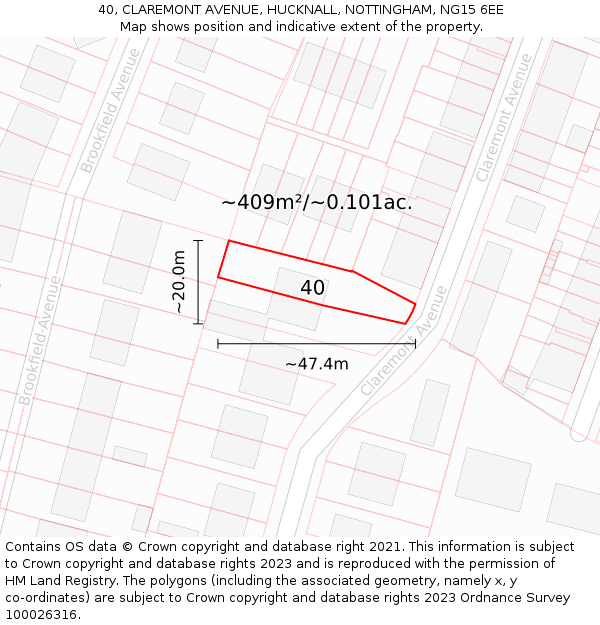 40, CLAREMONT AVENUE, HUCKNALL, NOTTINGHAM, NG15 6EE: Plot and title map