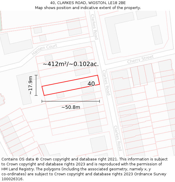 40, CLARKES ROAD, WIGSTON, LE18 2BE: Plot and title map