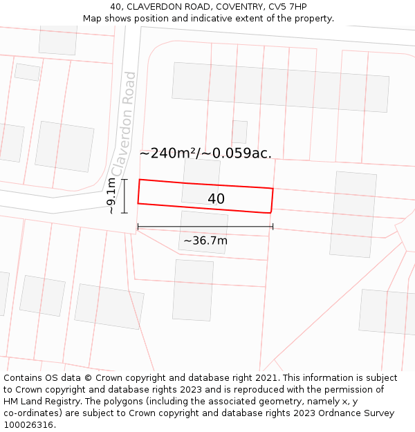 40, CLAVERDON ROAD, COVENTRY, CV5 7HP: Plot and title map