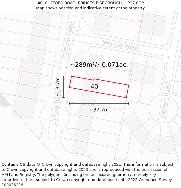 40, CLIFFORD ROAD, PRINCES RISBOROUGH, HP27 0DP: Plot and title map