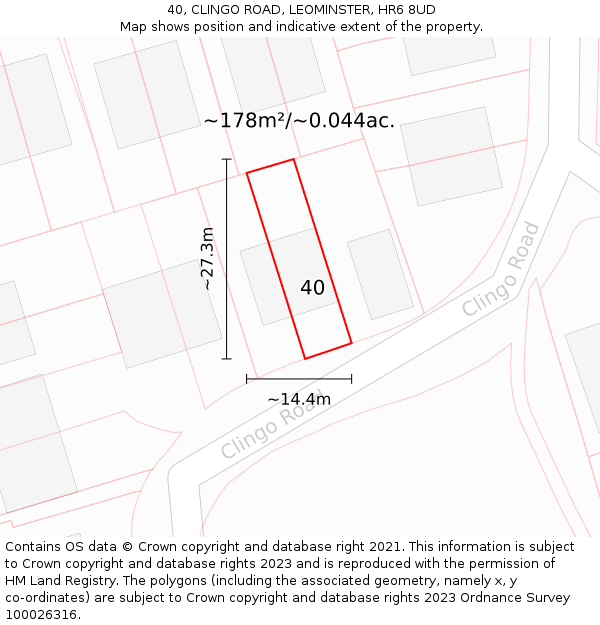 40, CLINGO ROAD, LEOMINSTER, HR6 8UD: Plot and title map