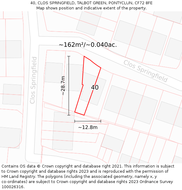 40, CLOS SPRINGFIELD, TALBOT GREEN, PONTYCLUN, CF72 8FE: Plot and title map