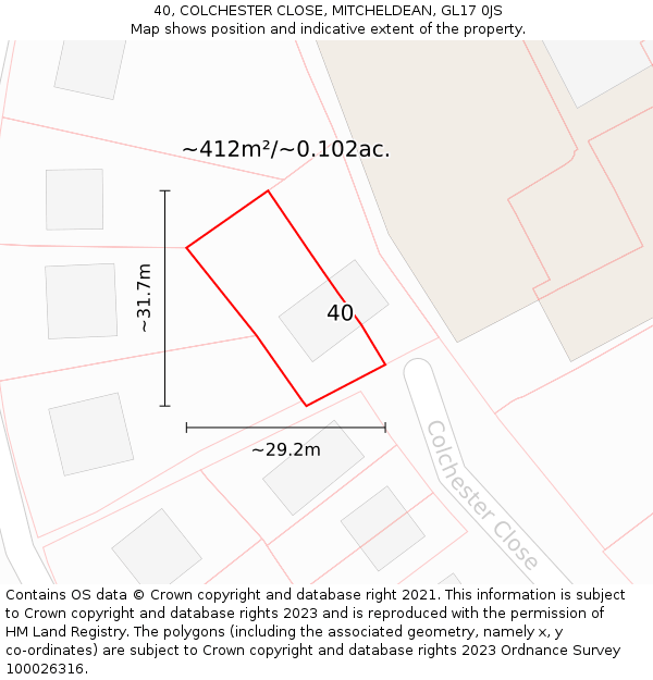 40, COLCHESTER CLOSE, MITCHELDEAN, GL17 0JS: Plot and title map