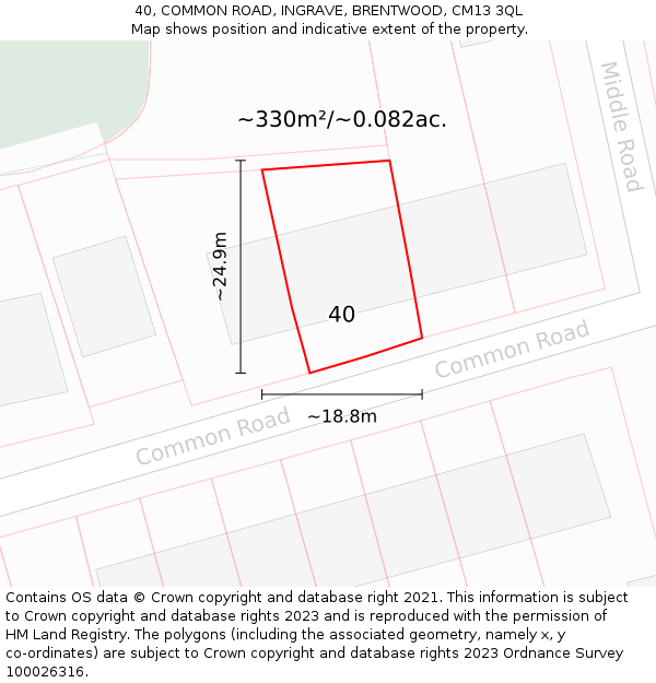 40, COMMON ROAD, INGRAVE, BRENTWOOD, CM13 3QL: Plot and title map