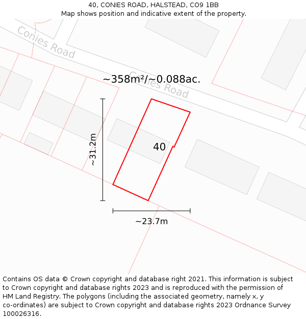 40, CONIES ROAD, HALSTEAD, CO9 1BB: Plot and title map