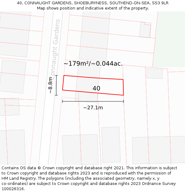 40, CONNAUGHT GARDENS, SHOEBURYNESS, SOUTHEND-ON-SEA, SS3 9LR: Plot and title map