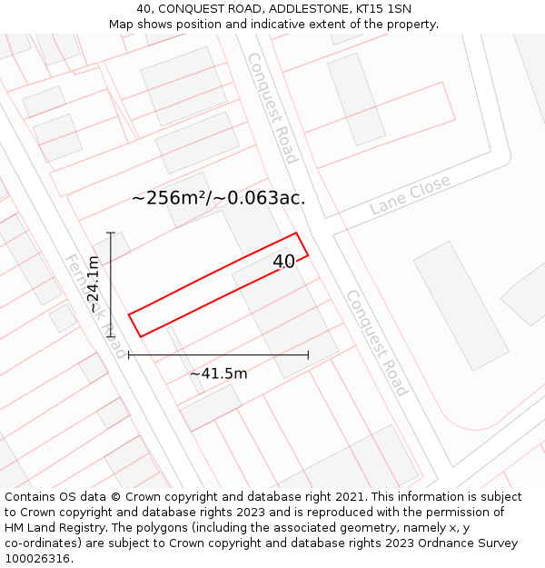 40, CONQUEST ROAD, ADDLESTONE, KT15 1SN: Plot and title map