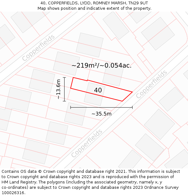 40, COPPERFIELDS, LYDD, ROMNEY MARSH, TN29 9UT: Plot and title map
