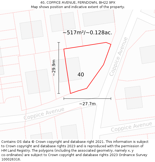 40, COPPICE AVENUE, FERNDOWN, BH22 9PX: Plot and title map