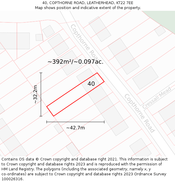 40, COPTHORNE ROAD, LEATHERHEAD, KT22 7EE: Plot and title map