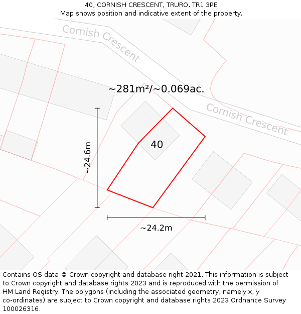 40, CORNISH CRESCENT, TRURO, TR1 3PE: Plot and title map