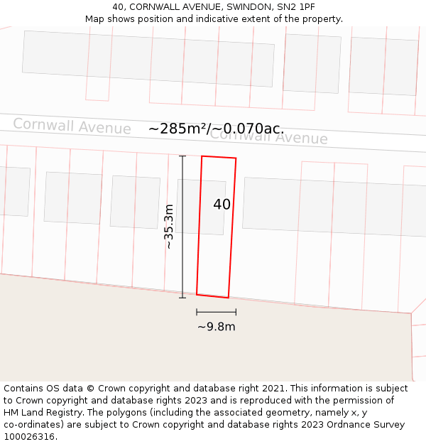 40, CORNWALL AVENUE, SWINDON, SN2 1PF: Plot and title map