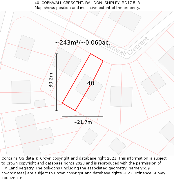 40, CORNWALL CRESCENT, BAILDON, SHIPLEY, BD17 5LR: Plot and title map
