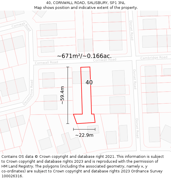 40, CORNWALL ROAD, SALISBURY, SP1 3NL: Plot and title map