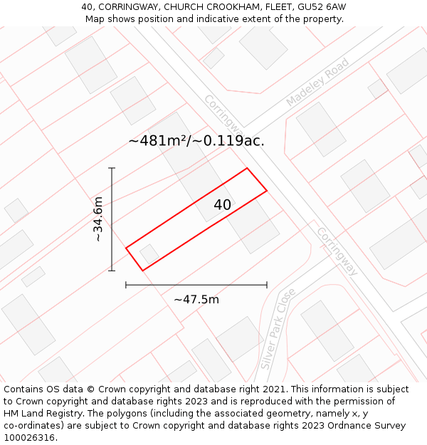 40, CORRINGWAY, CHURCH CROOKHAM, FLEET, GU52 6AW: Plot and title map