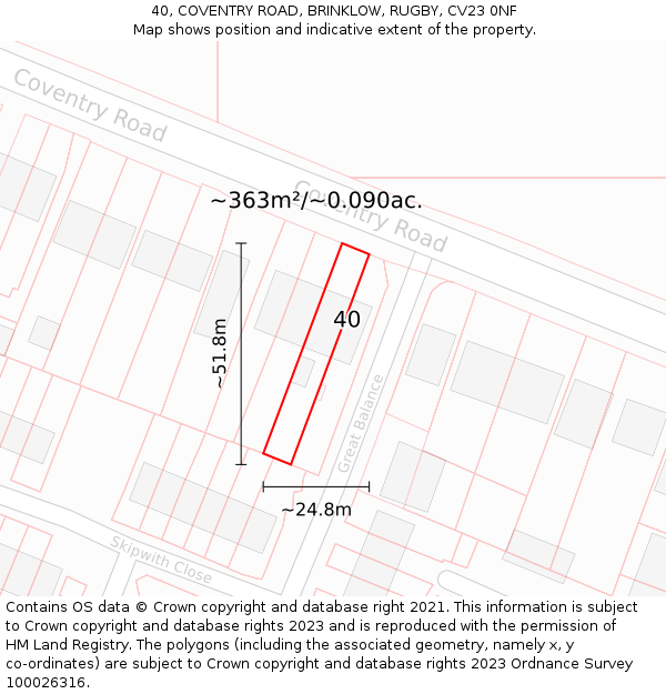 40, COVENTRY ROAD, BRINKLOW, RUGBY, CV23 0NF: Plot and title map