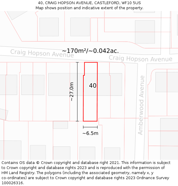 40, CRAIG HOPSON AVENUE, CASTLEFORD, WF10 5US: Plot and title map