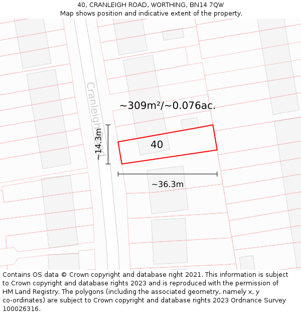 40, CRANLEIGH ROAD, WORTHING, BN14 7QW: Plot and title map