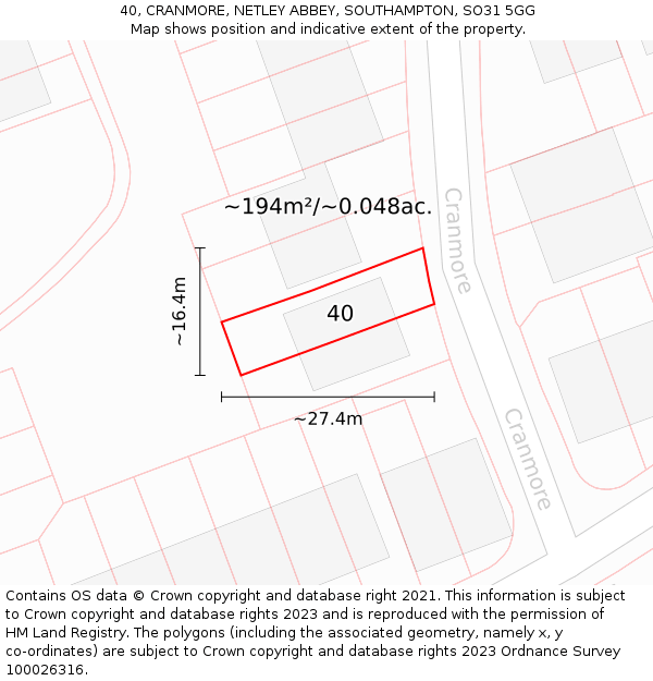 40, CRANMORE, NETLEY ABBEY, SOUTHAMPTON, SO31 5GG: Plot and title map