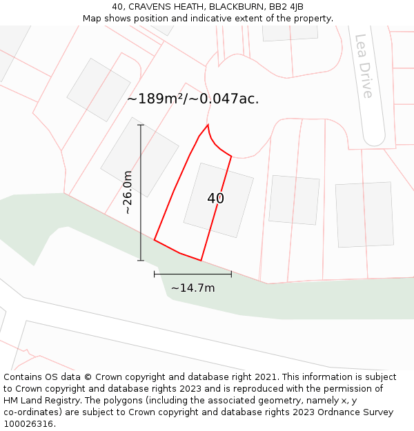 40, CRAVENS HEATH, BLACKBURN, BB2 4JB: Plot and title map