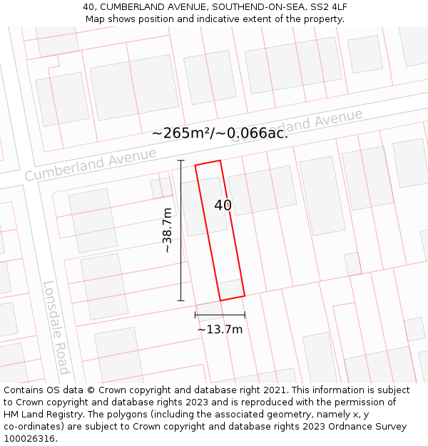 40, CUMBERLAND AVENUE, SOUTHEND-ON-SEA, SS2 4LF: Plot and title map