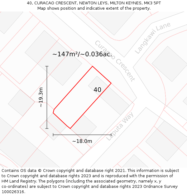 40, CURACAO CRESCENT, NEWTON LEYS, MILTON KEYNES, MK3 5PT: Plot and title map
