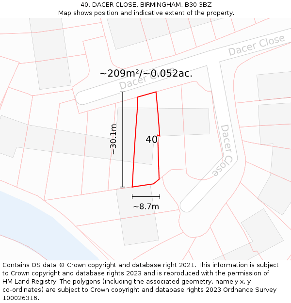 40, DACER CLOSE, BIRMINGHAM, B30 3BZ: Plot and title map