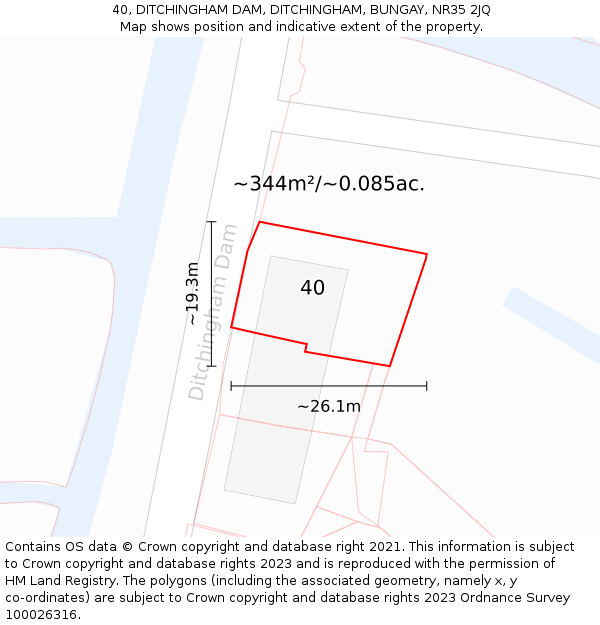 40, DITCHINGHAM DAM, DITCHINGHAM, BUNGAY, NR35 2JQ: Plot and title map