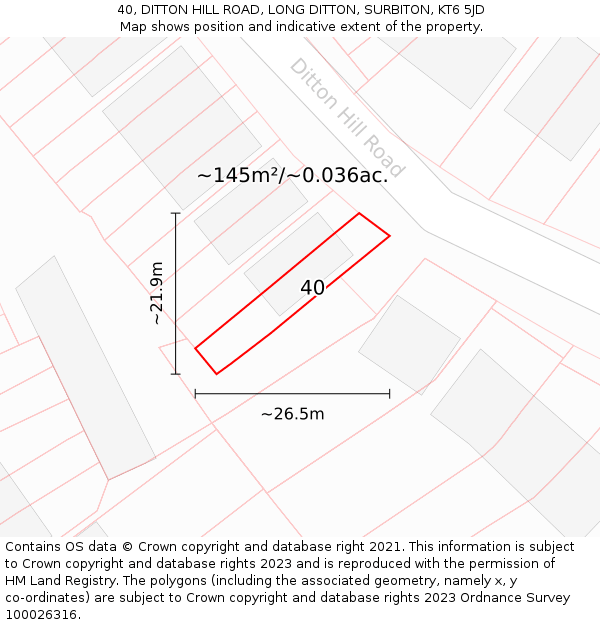40, DITTON HILL ROAD, LONG DITTON, SURBITON, KT6 5JD: Plot and title map