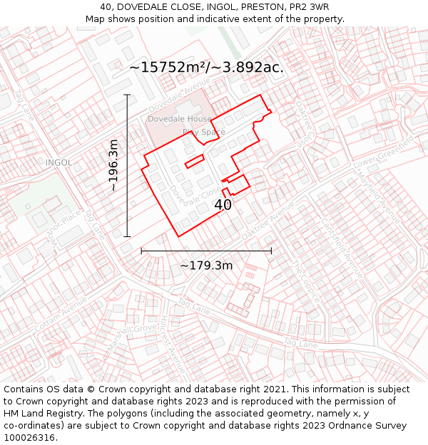40, DOVEDALE CLOSE, INGOL, PRESTON, PR2 3WR: Plot and title map