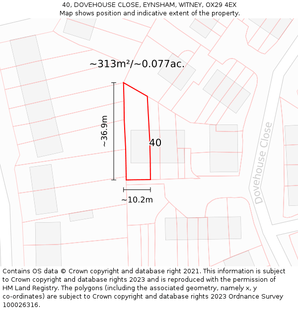 40, DOVEHOUSE CLOSE, EYNSHAM, WITNEY, OX29 4EX: Plot and title map