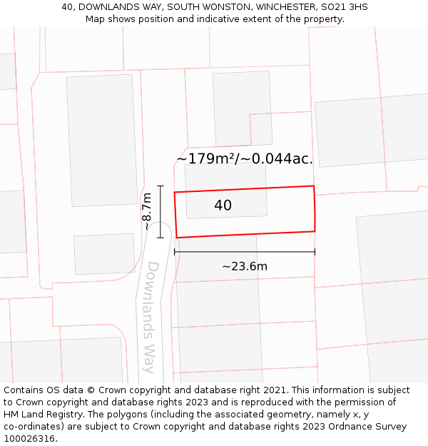 40, DOWNLANDS WAY, SOUTH WONSTON, WINCHESTER, SO21 3HS: Plot and title map
