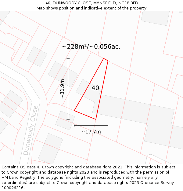 40, DUNWOODY CLOSE, MANSFIELD, NG18 3FD: Plot and title map