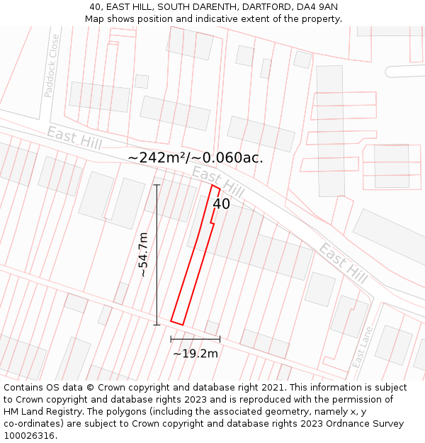 40, EAST HILL, SOUTH DARENTH, DARTFORD, DA4 9AN: Plot and title map