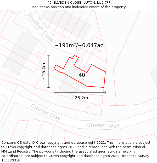 40, ELVEDEN CLOSE, LUTON, LU2 7FF: Plot and title map