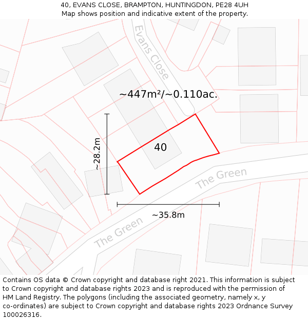 40, EVANS CLOSE, BRAMPTON, HUNTINGDON, PE28 4UH: Plot and title map