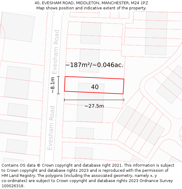 40, EVESHAM ROAD, MIDDLETON, MANCHESTER, M24 1PZ: Plot and title map