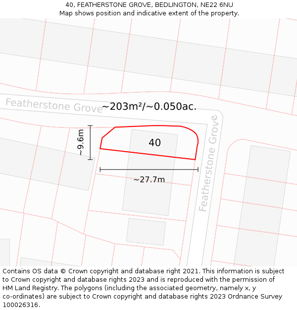 40, FEATHERSTONE GROVE, BEDLINGTON, NE22 6NU: Plot and title map