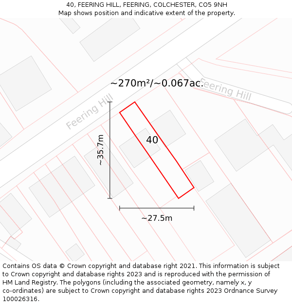 40, FEERING HILL, FEERING, COLCHESTER, CO5 9NH: Plot and title map