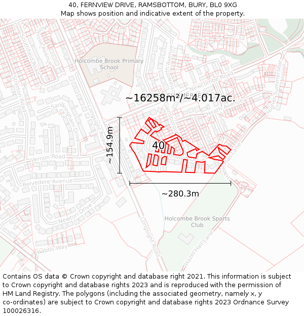 40, FERNVIEW DRIVE, RAMSBOTTOM, BURY, BL0 9XG: Plot and title map