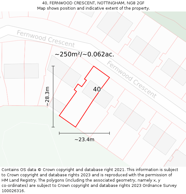 40, FERNWOOD CRESCENT, NOTTINGHAM, NG8 2GF: Plot and title map