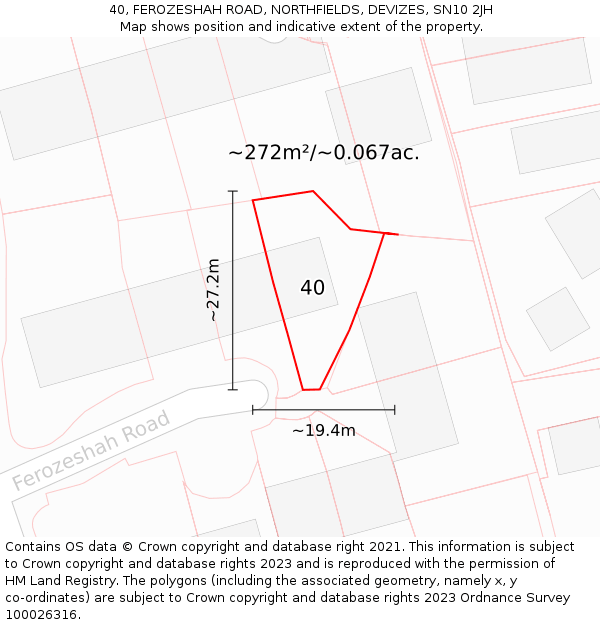 40, FEROZESHAH ROAD, NORTHFIELDS, DEVIZES, SN10 2JH: Plot and title map