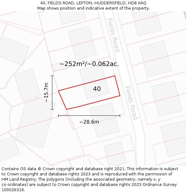 40, FIELDS ROAD, LEPTON, HUDDERSFIELD, HD8 0AQ: Plot and title map